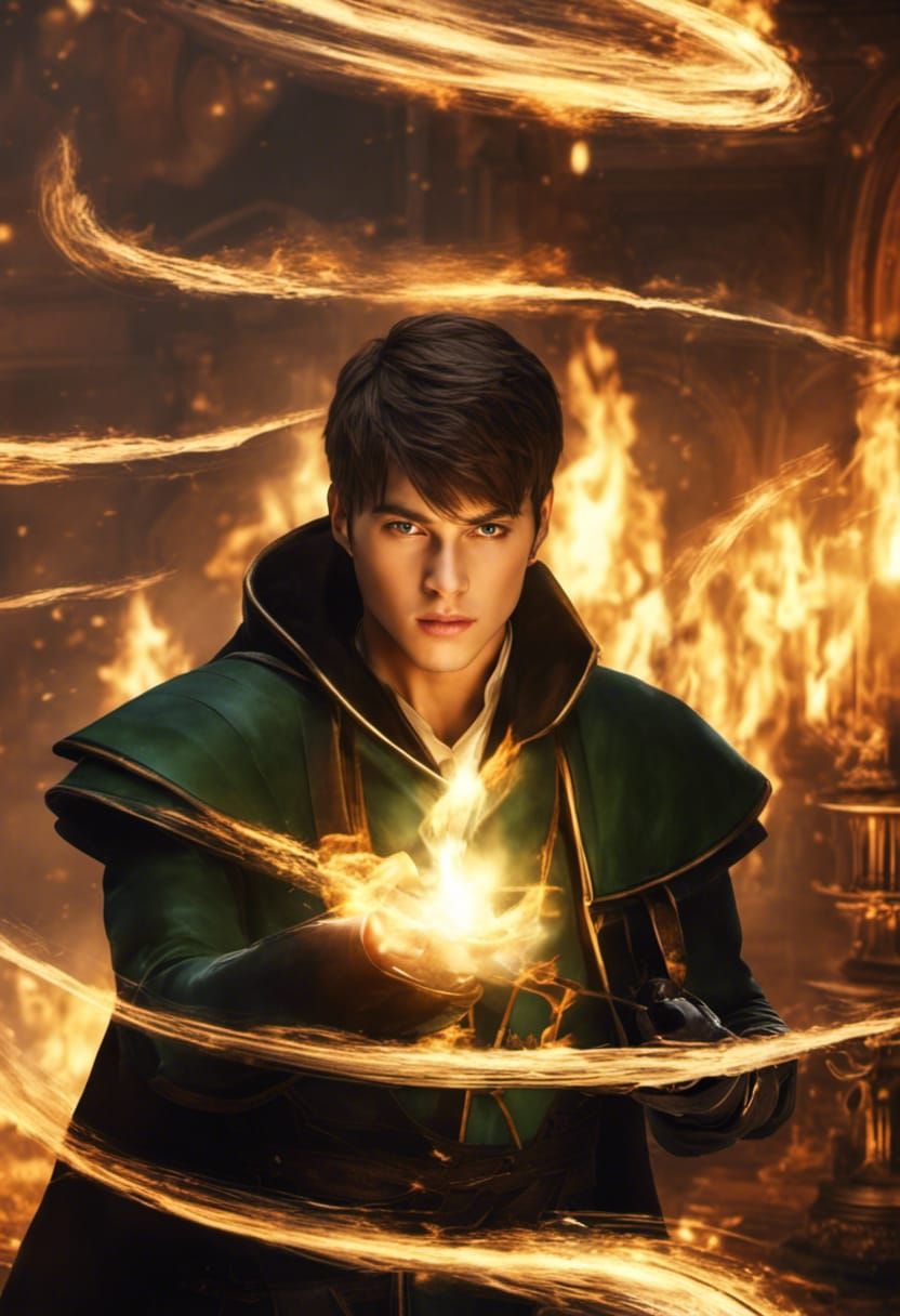 Young Warlock Conjuring Fire Magic in Hyperrealistic Style