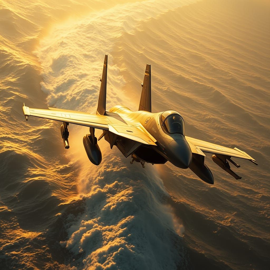 F-14 Tomcat Flies Low Over Ocean in Sci-Fi Style