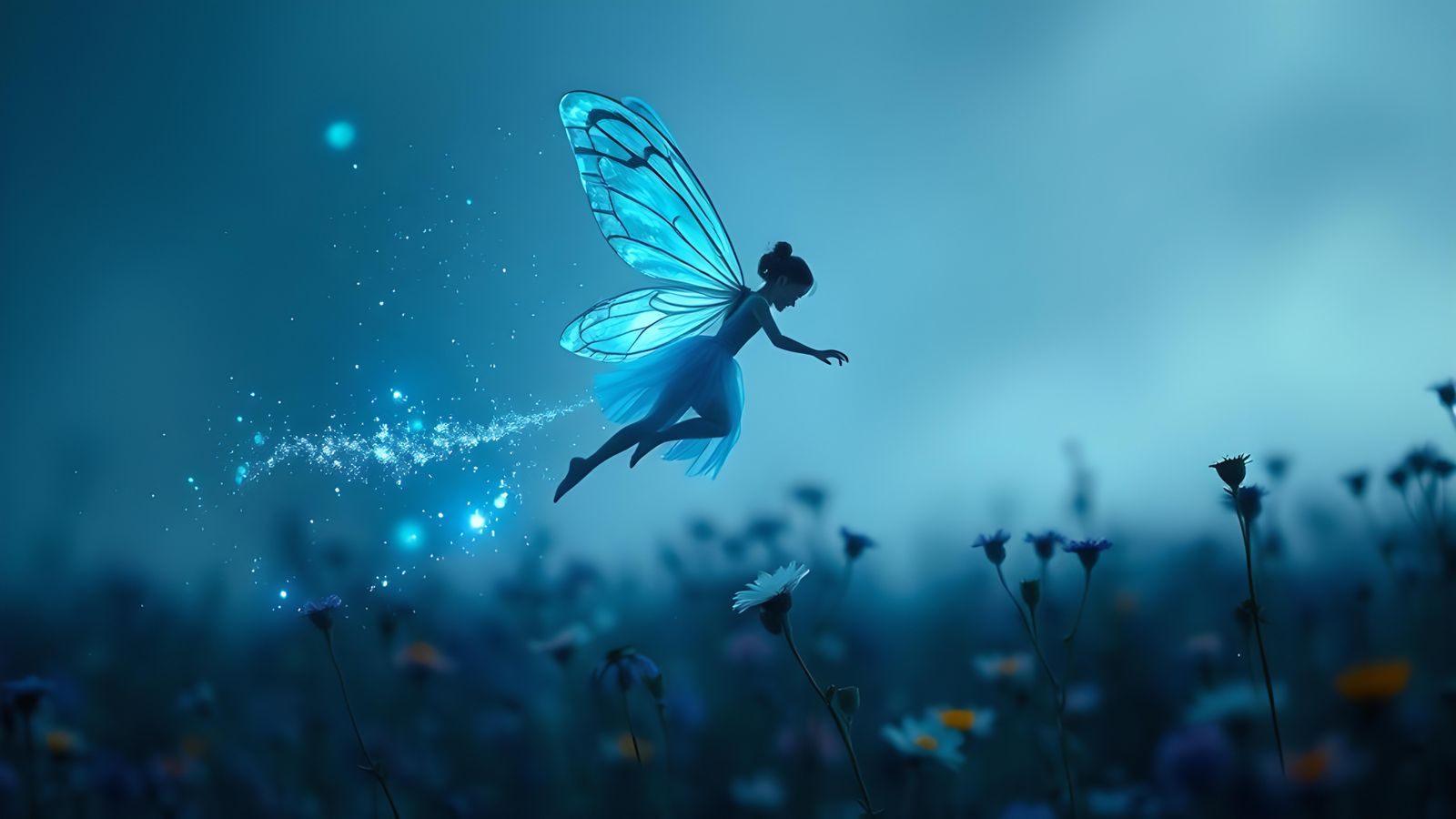 Blue Fairy Flies Over Wildflower Field