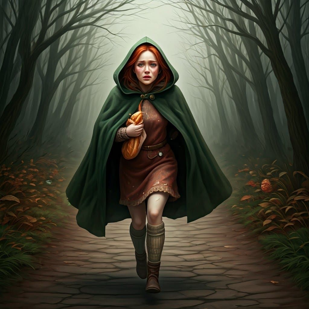 Fleeing Ginger Woman with Baguette in Dreamlike Style