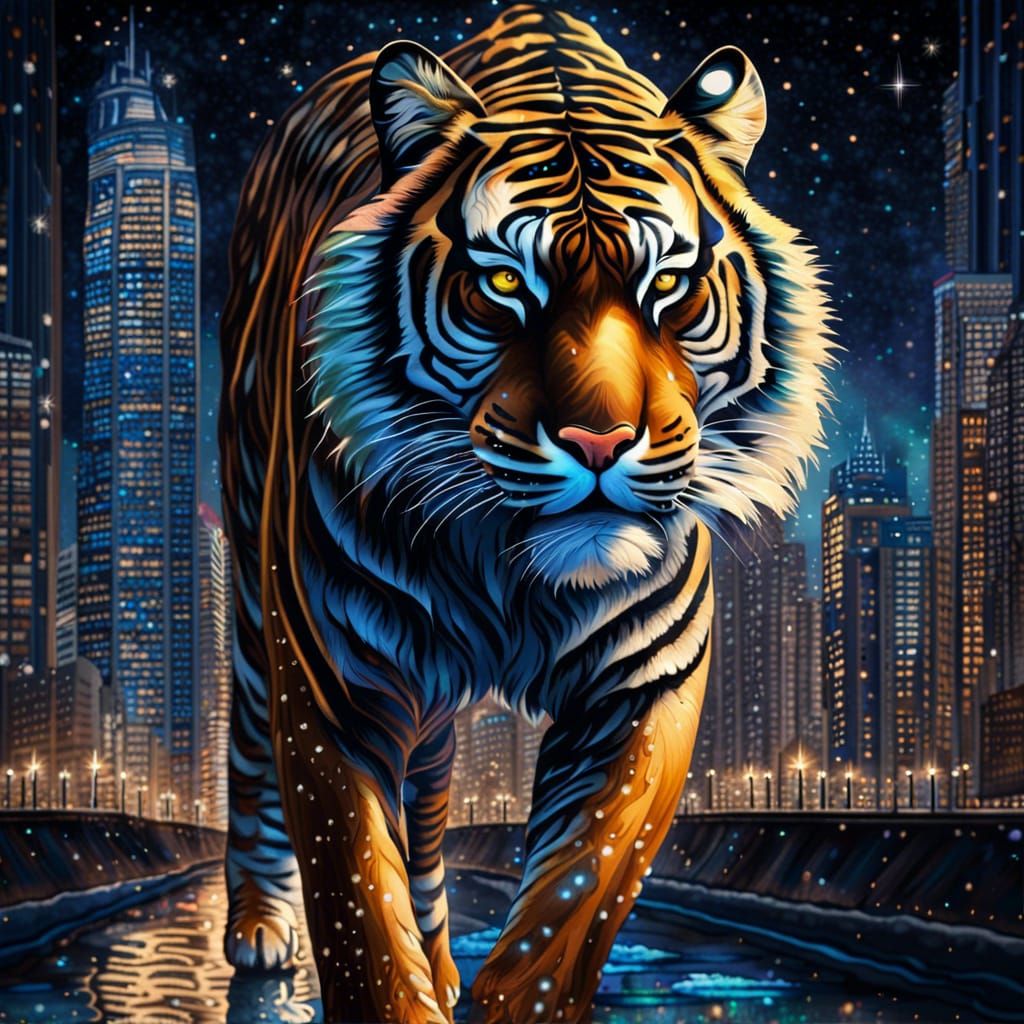 Majestic Tiger Walks Towards Bright City at Night