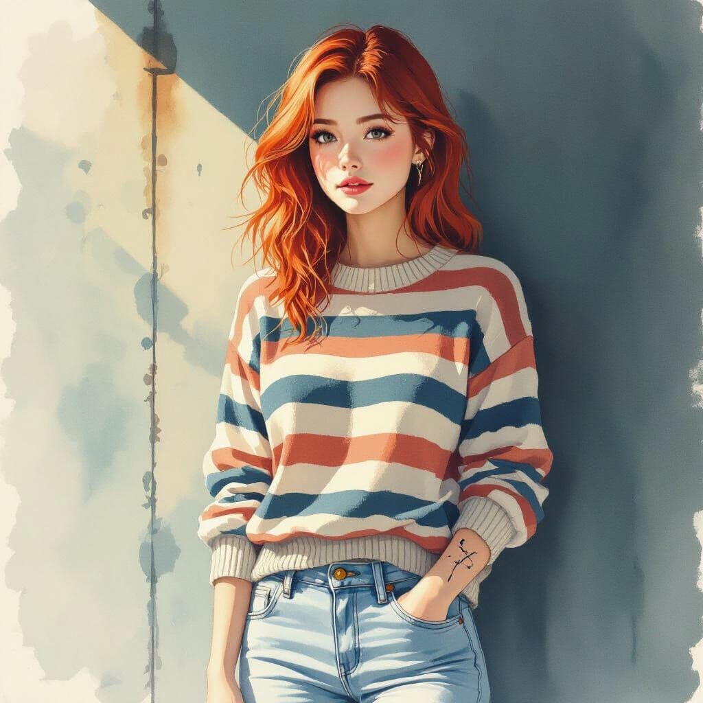 Young Woman's Contradiction: Coastal Portrait in Ink Wash St...