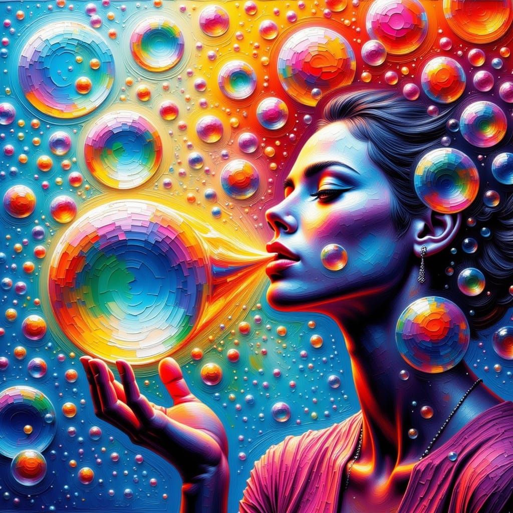 Person Blowing Bubbles in Impasto Acrylic Painting