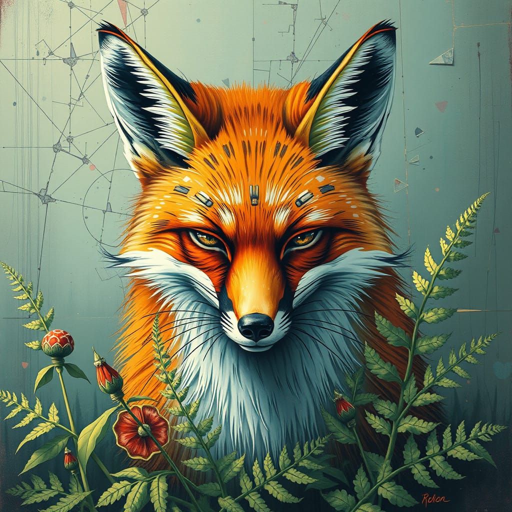 Cybernetic Fox in Futuristic Landscape with Ferns and Shatte...