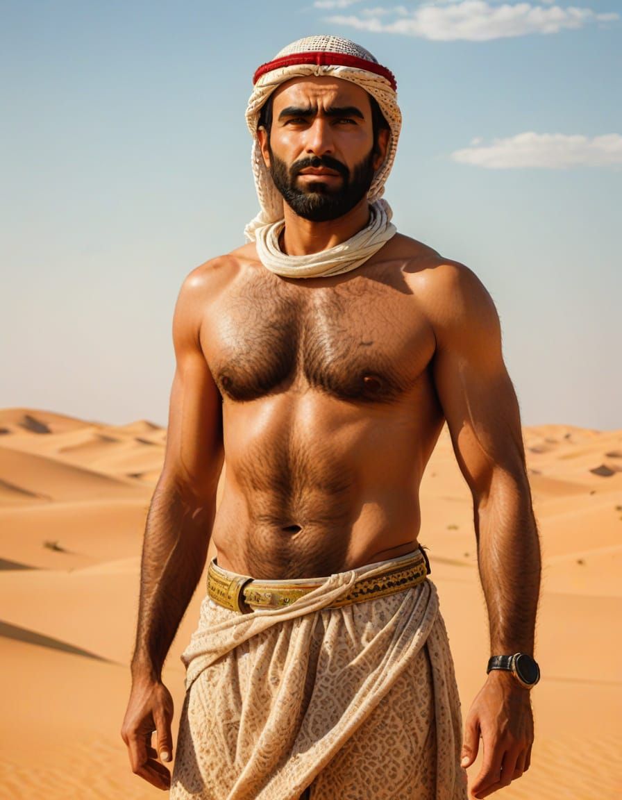 Vigorous Arab Man Standing in Arid Desert Landscape