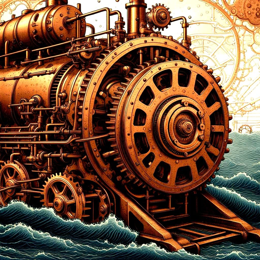 Dieselpunk Train Design as Copper Plate Woodcut