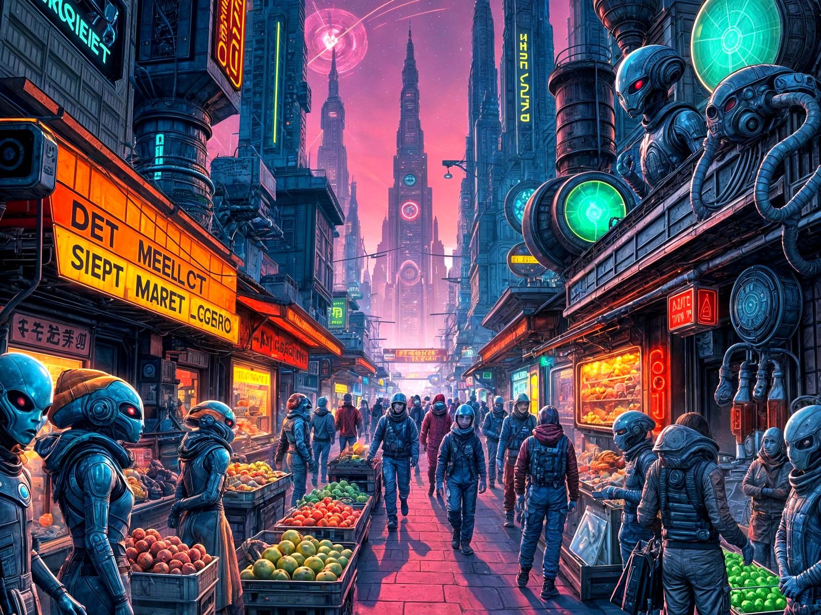 Alien Market: Intergalactic Bazaar in Retro-Futuristic Style