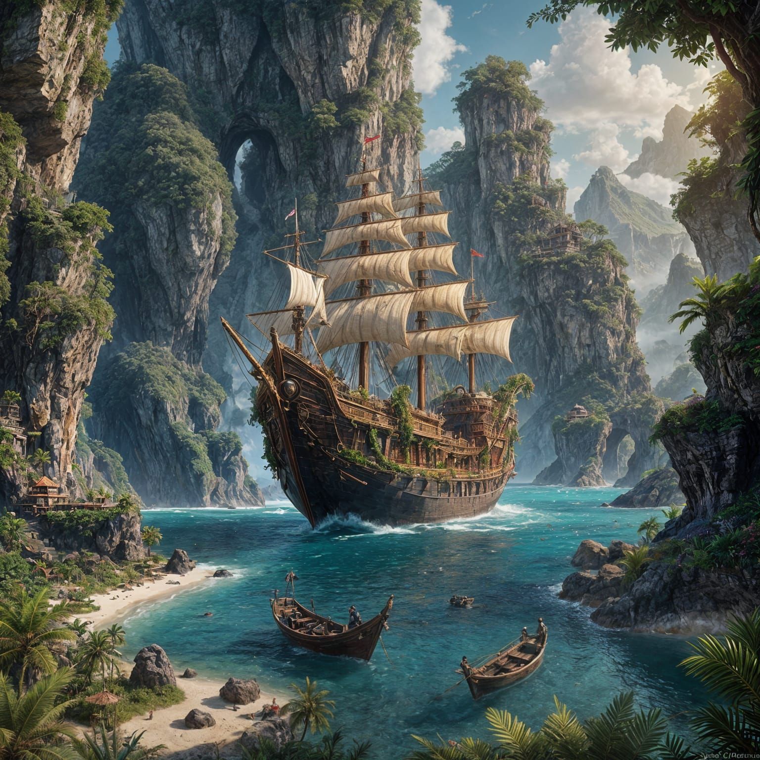 Fantastical Vessel Navigating Paradise in Detailed Matte Pai...