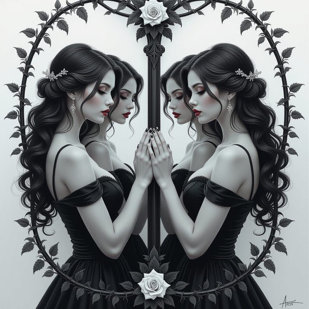 Mirrored Women Joined by Vines, in Graphite Sketch Style