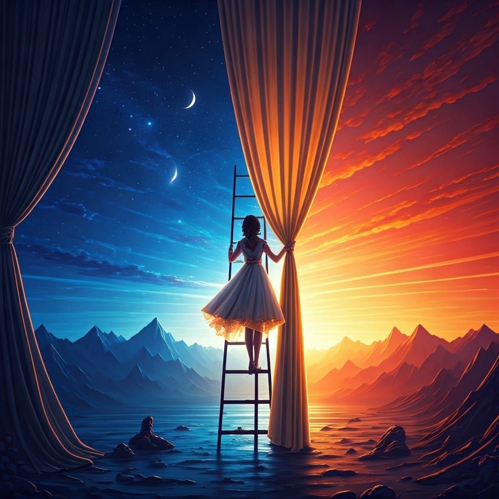 Girl in White Divides Dawn and Night with Invisible Curtain....