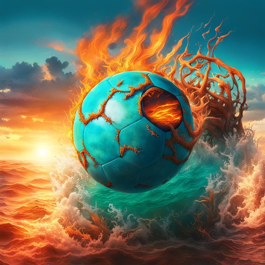 Fiery Soccer Ball in Ocean: Fantasy Matte Painting