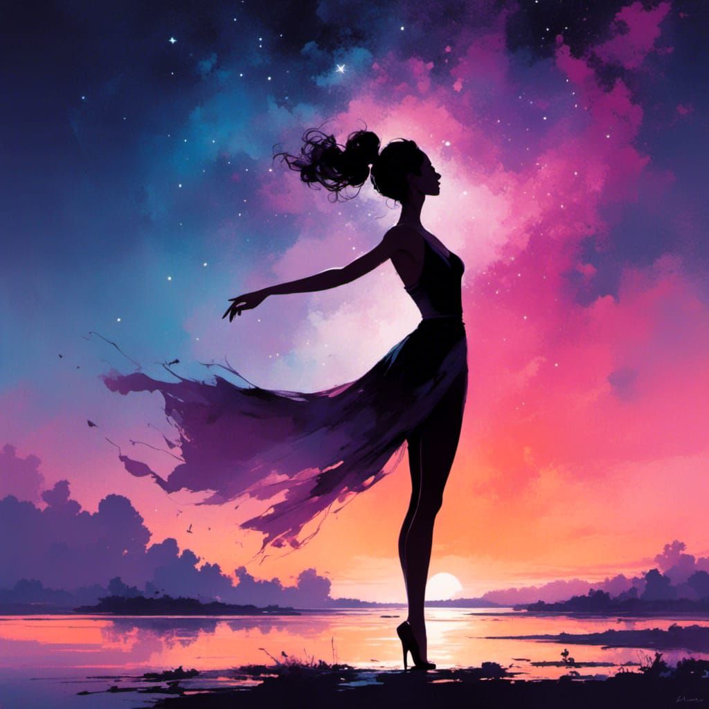 Woman Silhouette Reaching for a Starry Sky