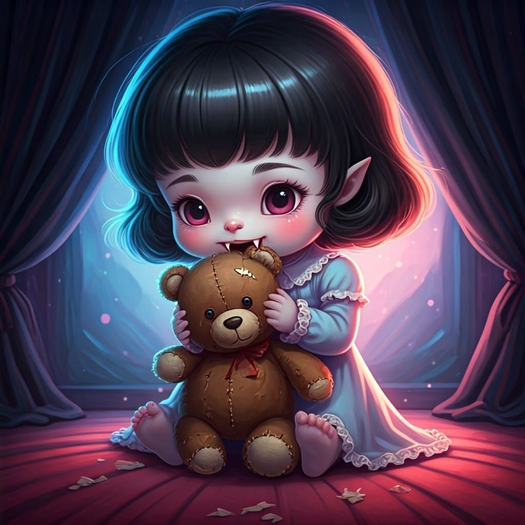 Young Vampire Bites Teddy Bear in Ethereal Dreamscape