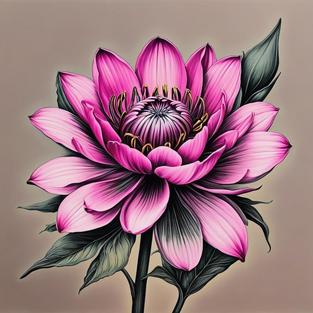 Black and Pink Pencil Flower Drawing