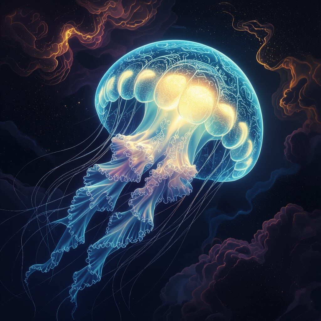 Bioluminescent Jellyfish Drifting in Gas Giant Atmosphere