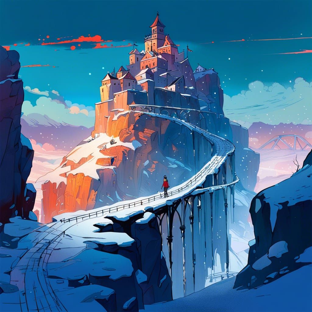 Surreal Snowy Castle Landscape in Circular Vector Art