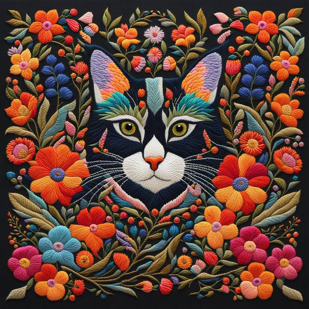Embroidered Cat with Hummingbird and Flowers