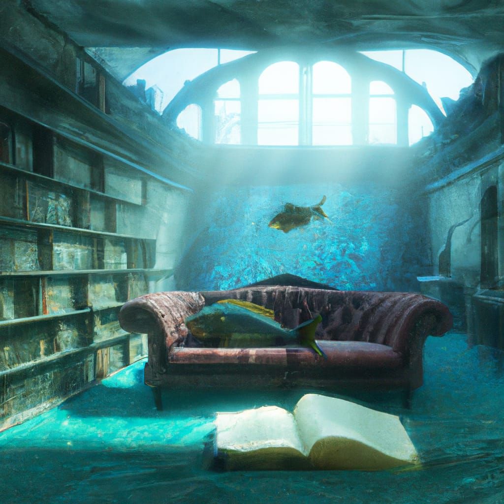 Fish Reading in Underwater Library Concept Art