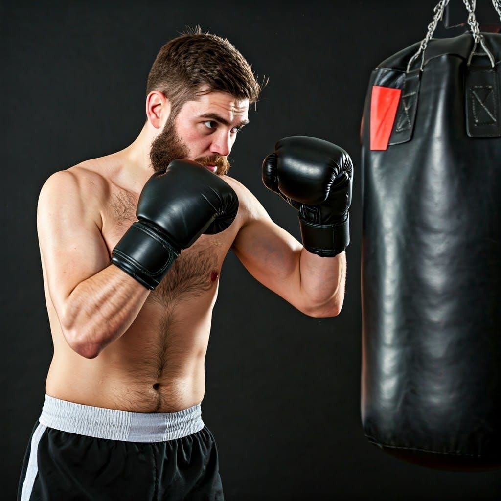 Bearded Boxer Punches Heavy Bag