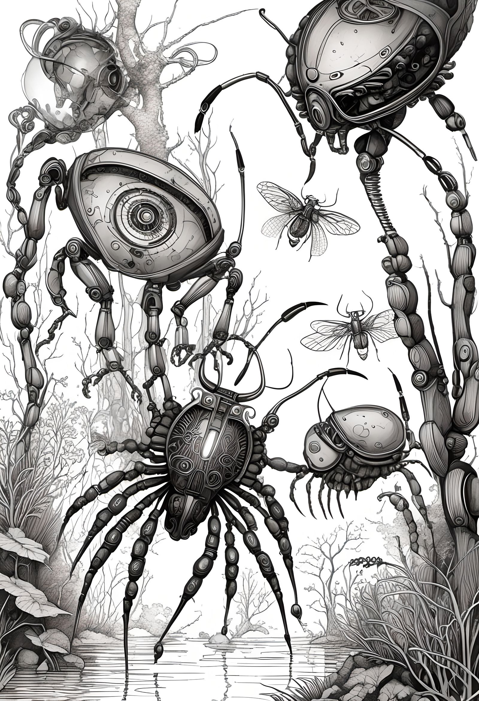 Detailed Pencil Sketch of Mechanical Insects