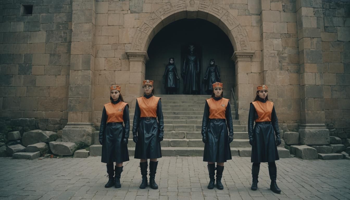 Hydra-Headed Guards Attend Funeral: Cinematic Film Still