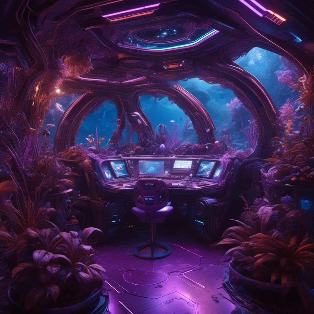 Psychedelic Spaceship Interior with Alien Plants