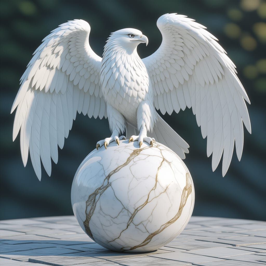 Intricate White Marble Eagle Sculpture on Sphere