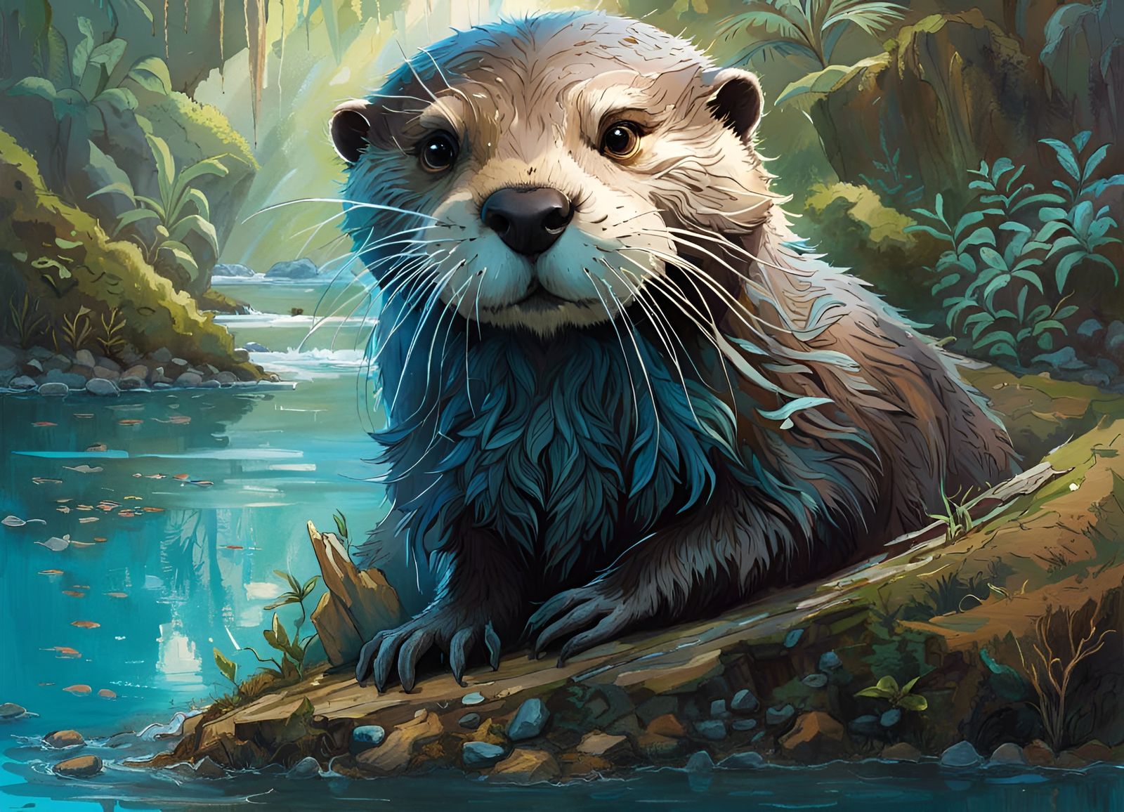 Adorable Otter Playing in Crisp Blue Water: 3D Art