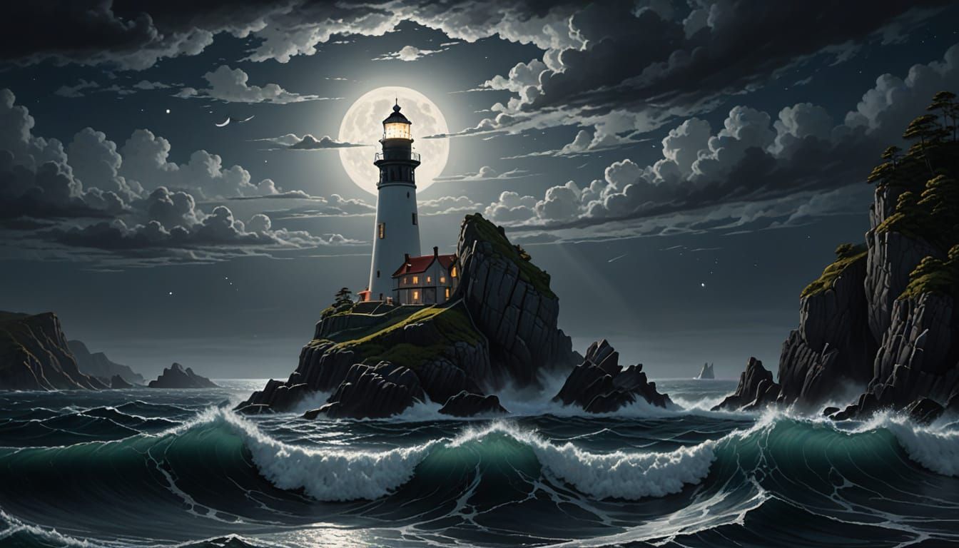 Giant Hands Holding Ocean Scene Under Moonlight