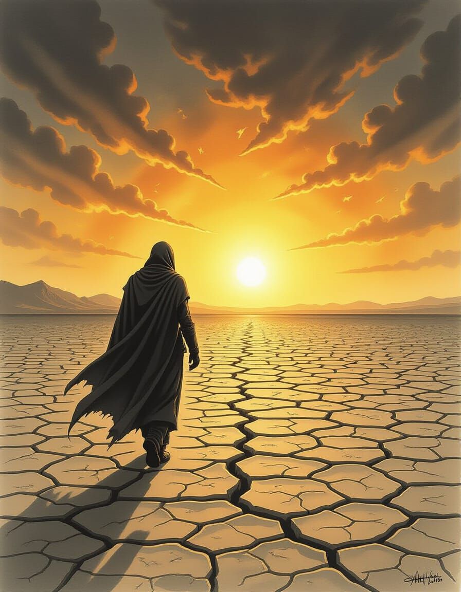 Surreal Wanderer in Post-Apocalyptic Landscape