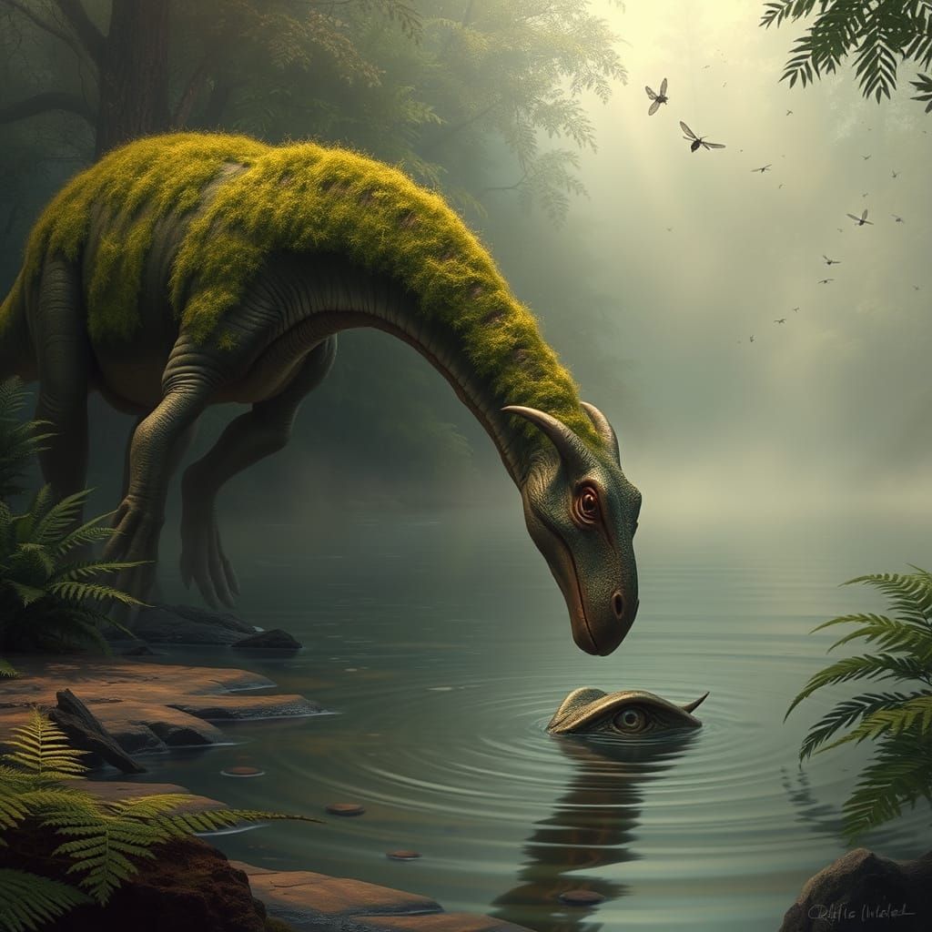 Brontosaurus Drinks as Phytosaur Observes: Jurassic Scene