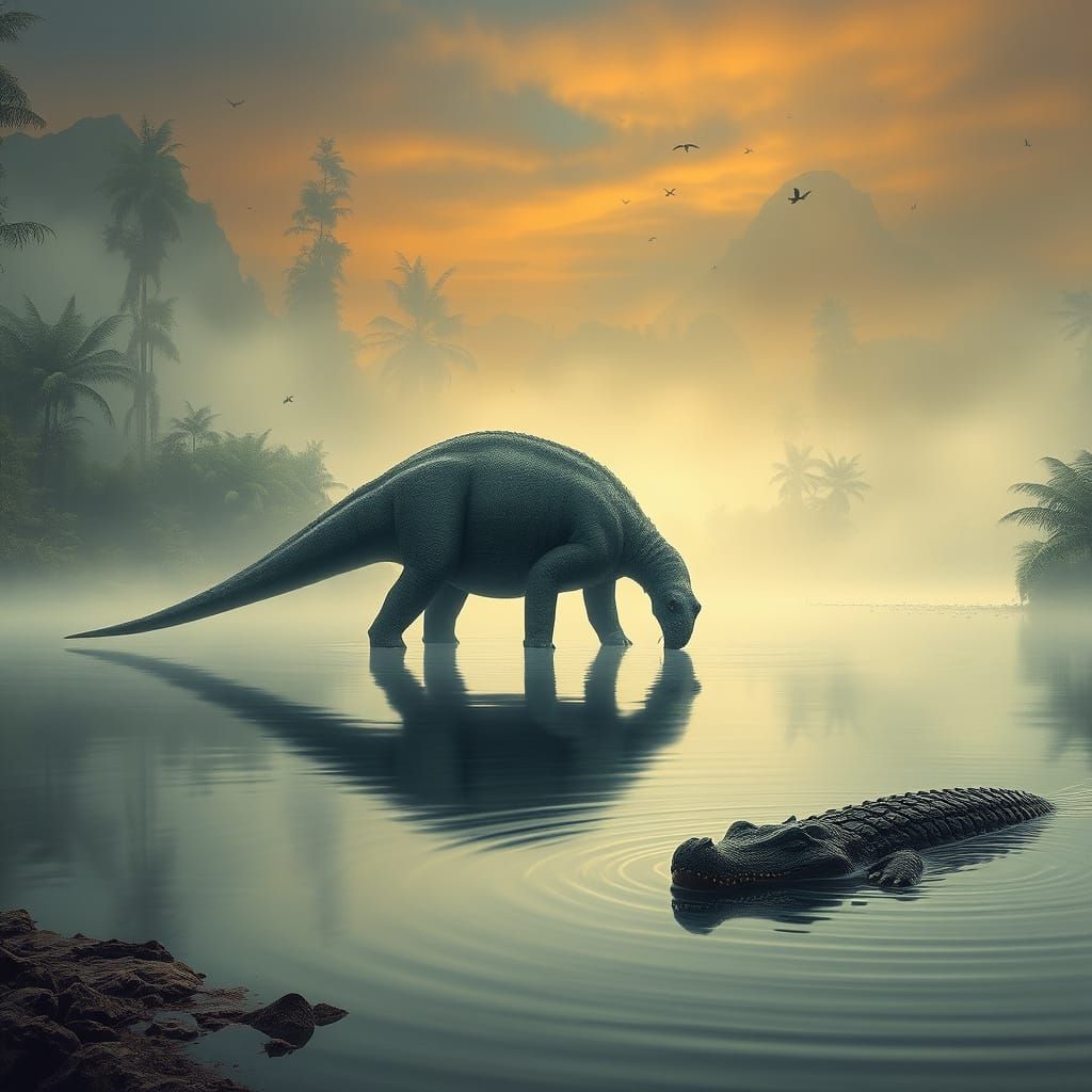 Brontosaurus Drinks as Predator Lurks, Jurassic Scene