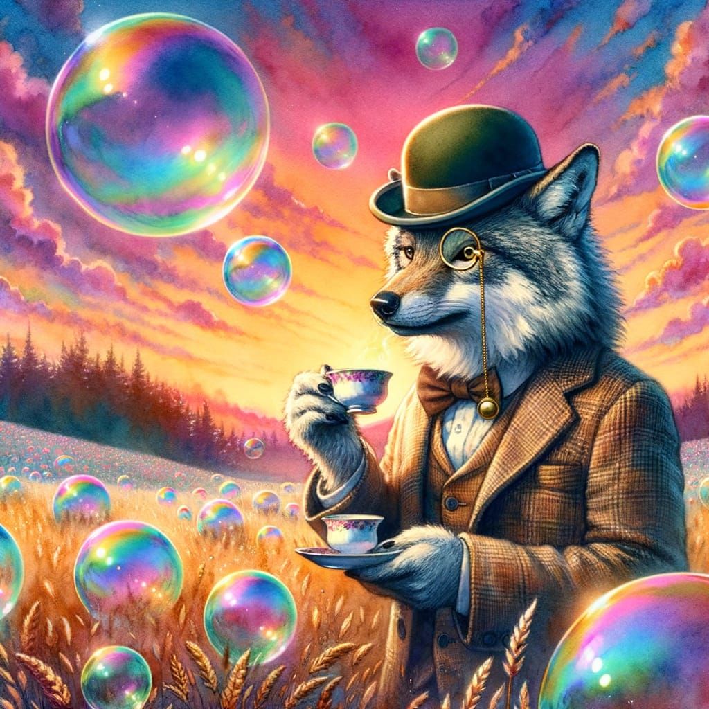 Wolf Cub Tea Party in Iridescent Bubbles