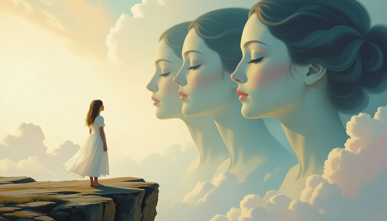 Girl Watches Giant Women in Surreal Sky