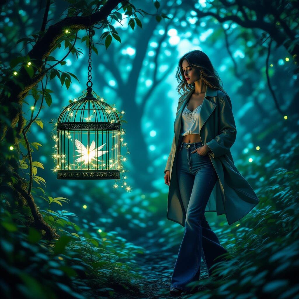 Woman in High Fashion in Bioluminescent Forest