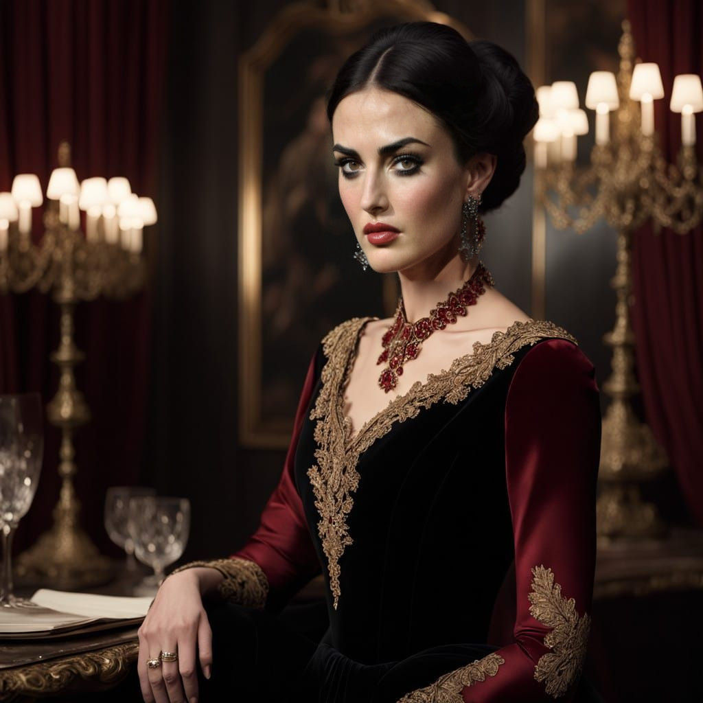 A tall, slender woman in a Belle Époque gown of deep black v...