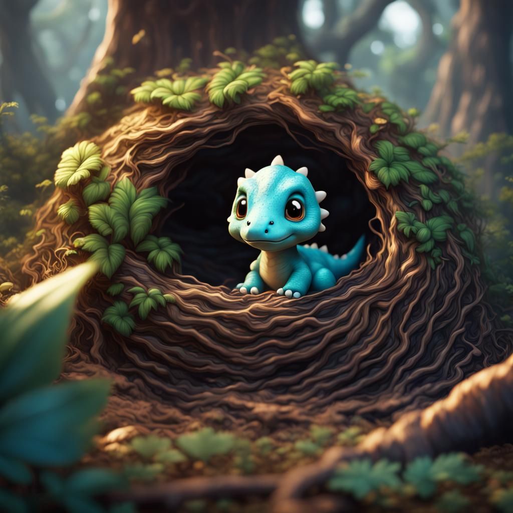 Adorable Chibi Dinosaur in Nest: Fantasy Concept Art