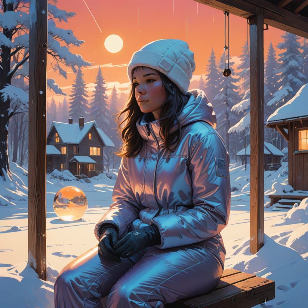 Serenely Sitting Snowgirl in Futuristic Winter Wonderland