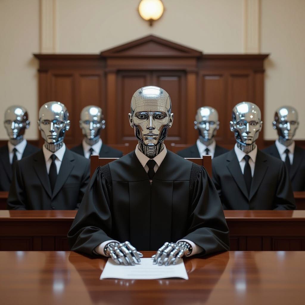 Futuristic AI Courtroom Scene with Hybrid Judge