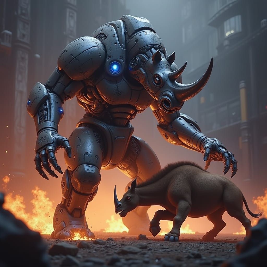 Mechanical Rhinoceros Battles Muscular Giraffe in Dark Arena