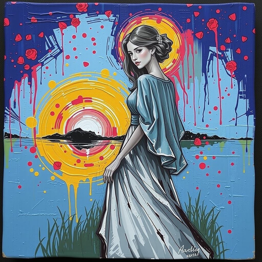 Red-Hued Woman in Rosy Landscape: Digital Painting