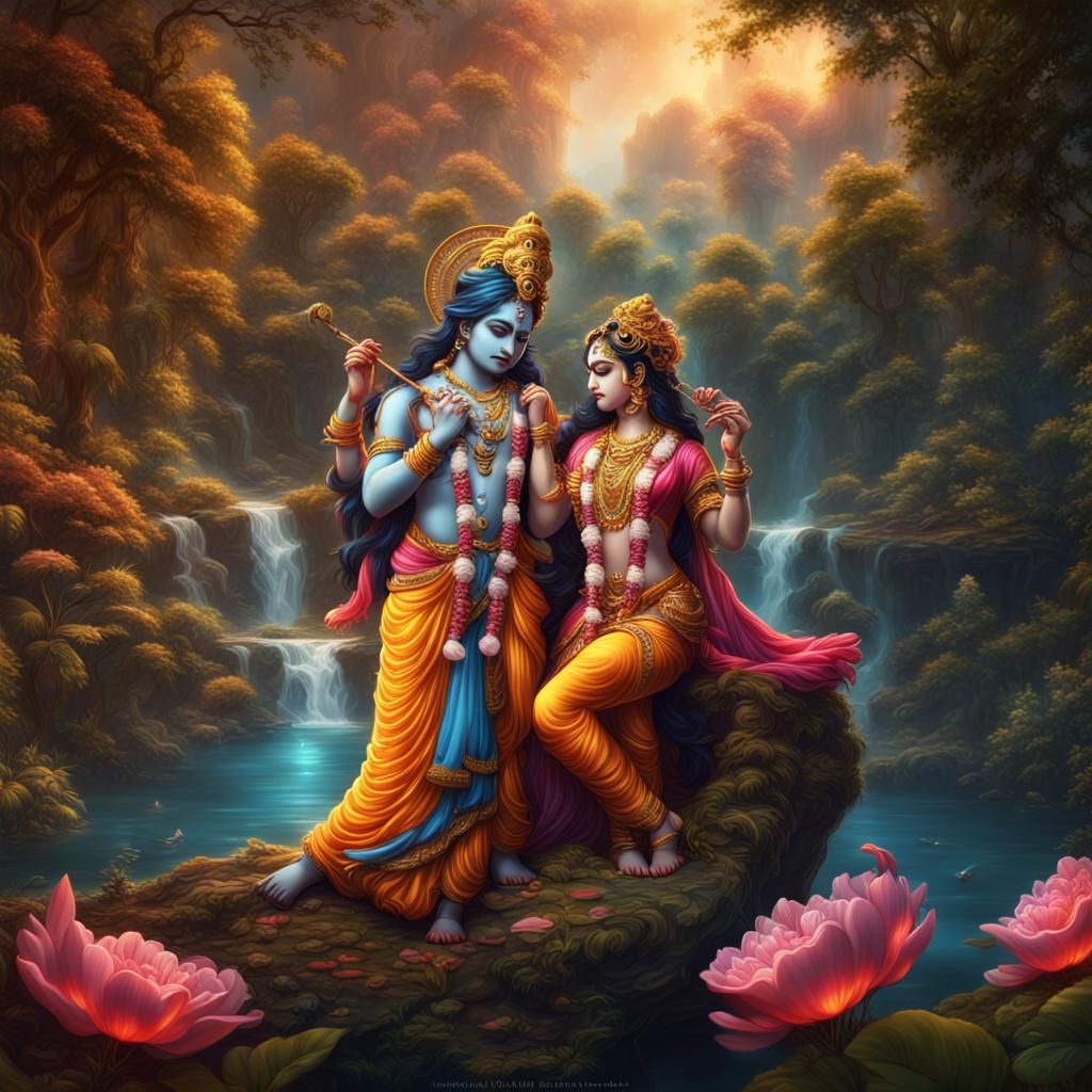 Divine Radha Krishna Love in Detailed Painting