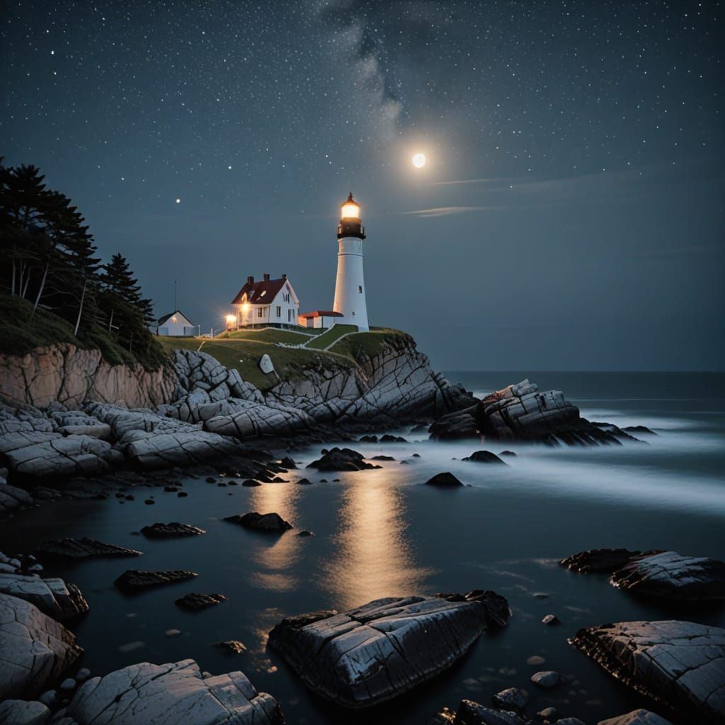 Lighthouse on Rocky Coast Under Starry Night