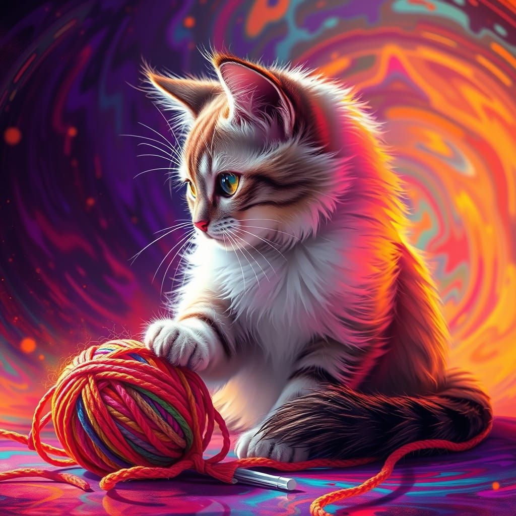 Futuristic Feline Plays with Vibrant Yarn in Kaleidoscope of...