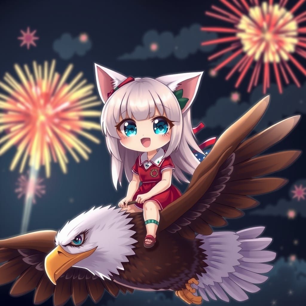 Chibi Catgirl Rides Eagle Under Fireworks Display