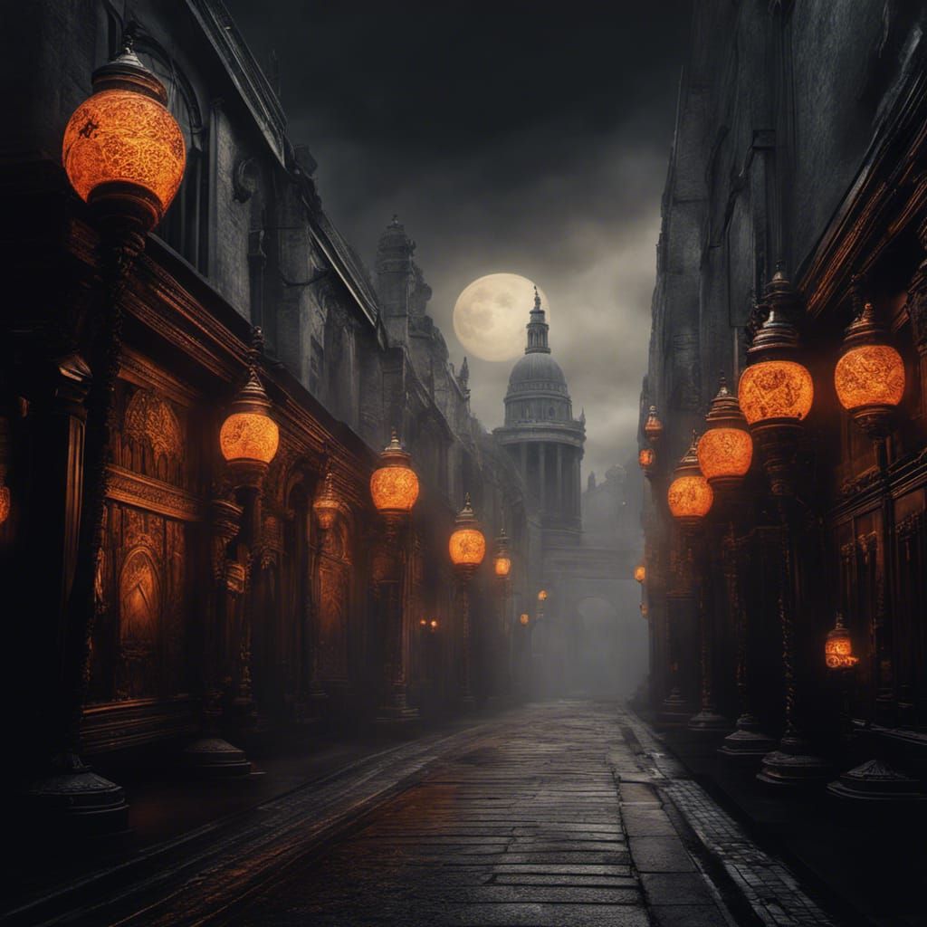 Surreal Fire Lanterns in Misty London Street