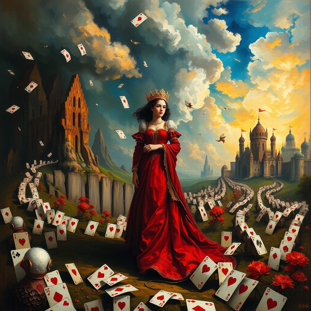 Playing Card Kingdom Ruled by Queen of Hearts in Red Gown