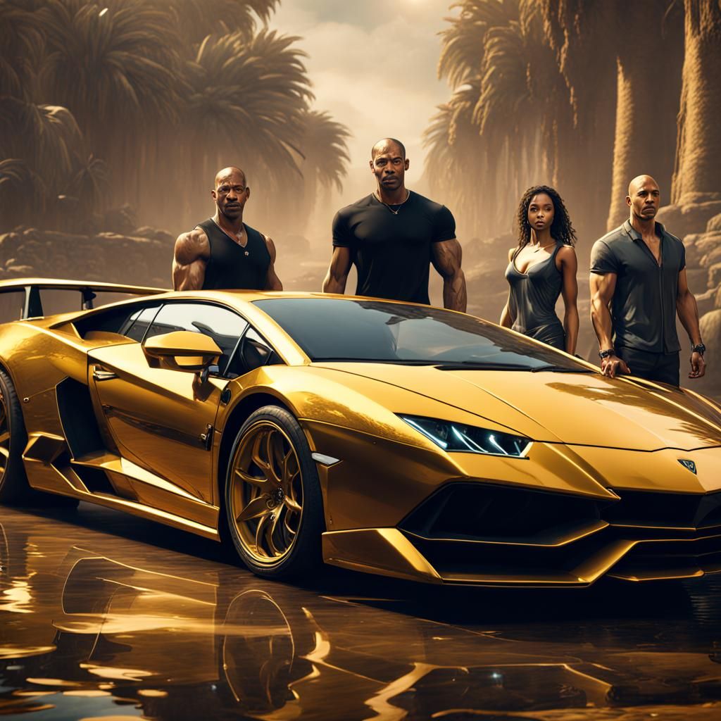 Characters in Front of Gold Lamborghini