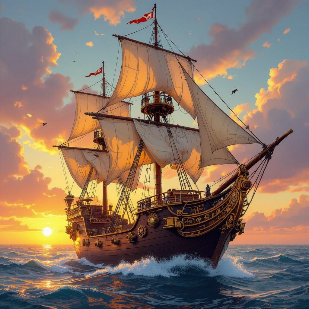 Steampunk Sailing Ship Soaring Through Sunset Sky