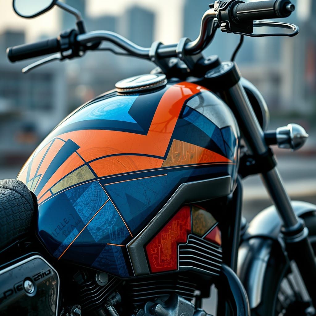 Futuristic Motorcycle Tank with Abstract Art in Cubist Style